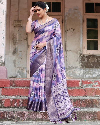 Pure Silk Digitally Printed Saree Weaved With Golden Zari Comes With Tassels - Almaari Fashion