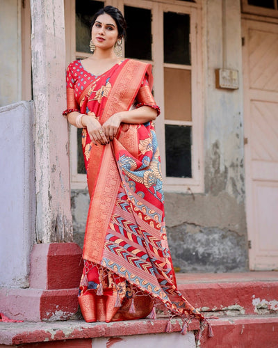 Pure Silk Digitally Printed Saree Weaved With Golden Zari Comes With Tassels - Almaari Fashion