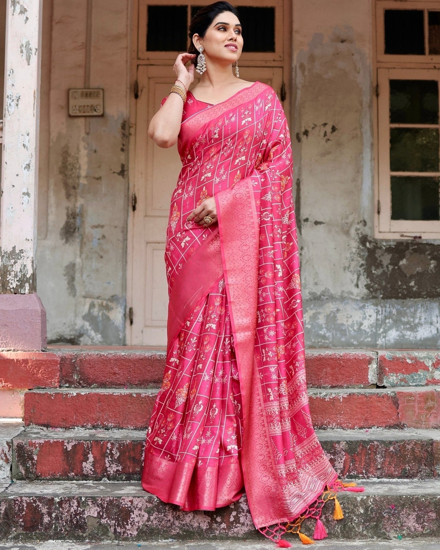 Pure Silk Digitally Printed Saree Weaved With Golden Zari Comes With Tassels - Almaari Fashion