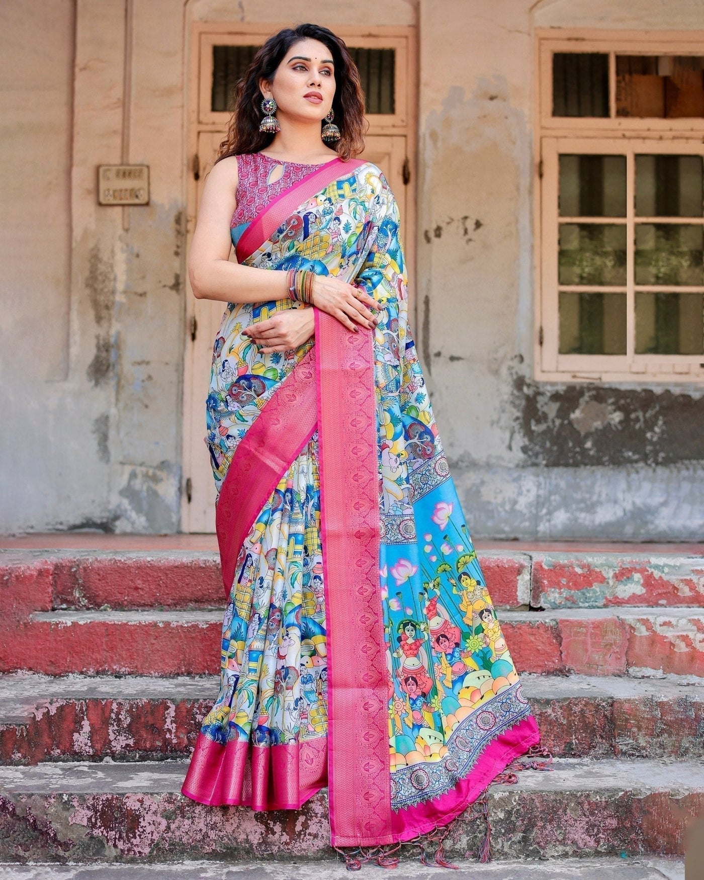 Pure Silk Digitally Printed Saree Weaved With Golden Zari Comes With Tassels - Almaari Fashion