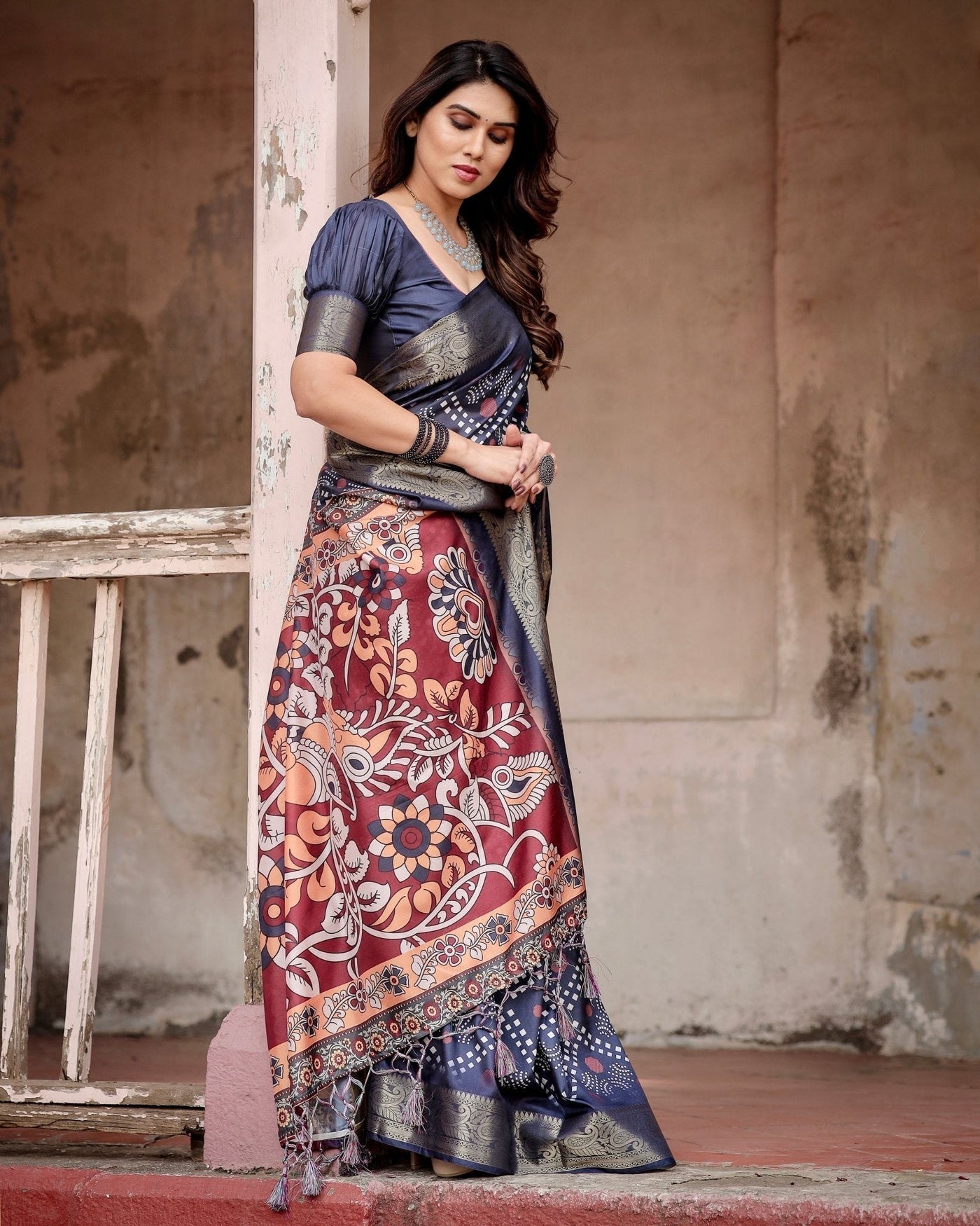 Pure Silk Digitally Printed Saree Weaved With Golden Zari Comes With Tassels - Almaari Fashion