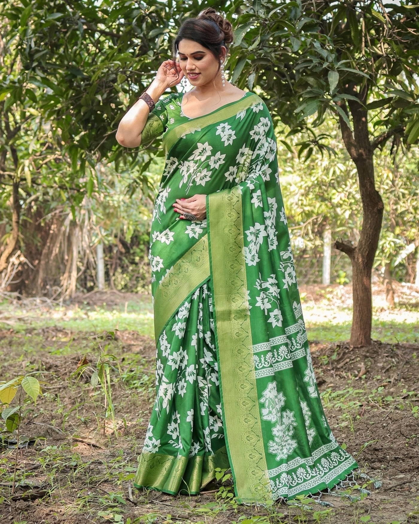 Pure Silk Digitally Printed Saree Weaved With Golden Zari Comes With Tassels - Almaari Fashion