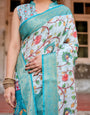 Sky Blue Banarasi Silk Saree with Multicolor Floral Design and Zari Paisley Border