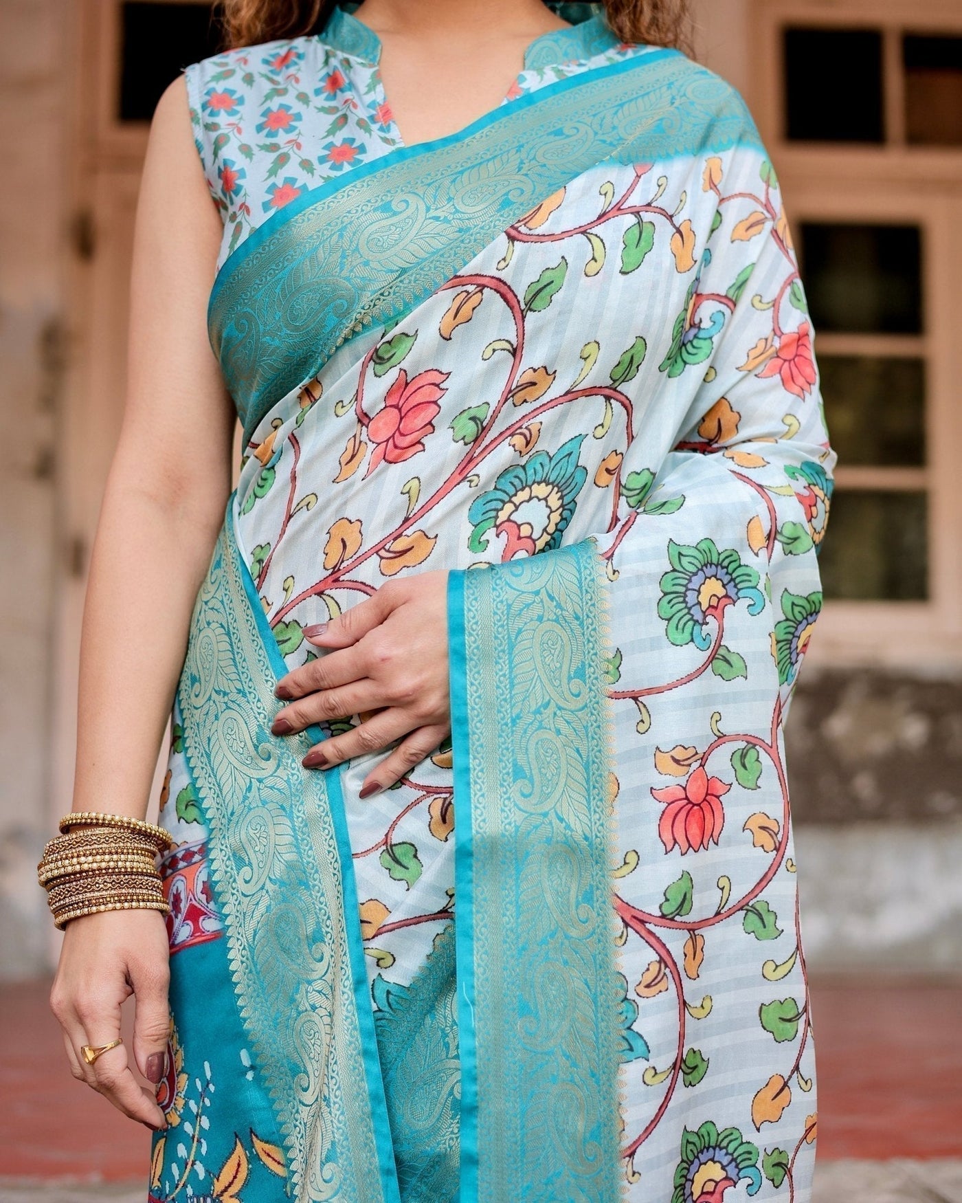 Pure Silk Digitally Printed Saree Weaved With Golden Zari Comes With Tassels - Almaari Fashion