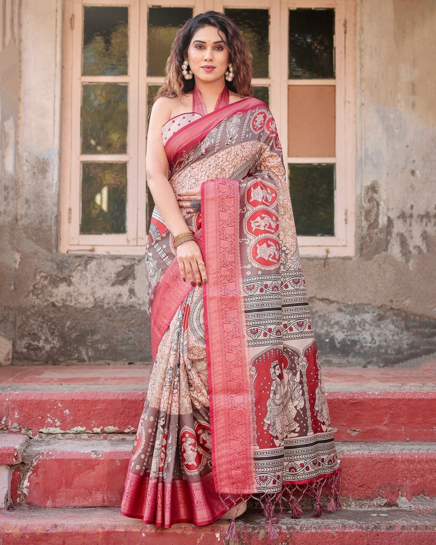 Pure Silk Digitally Printed Saree Weaved With Golden Zari Comes With Tassels - Almaari Fashion