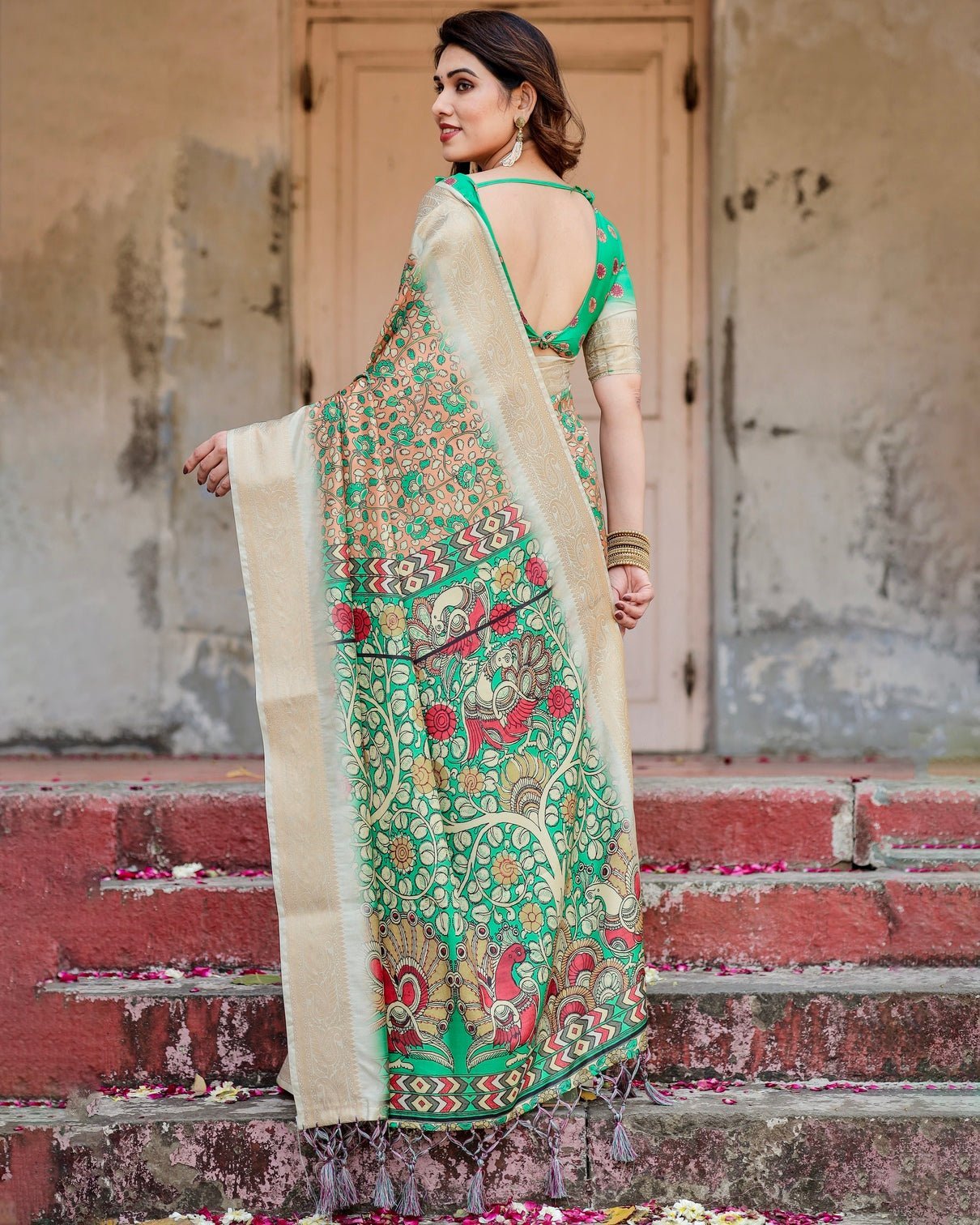 Pure Silk Digitally Printed Saree Weaved With Golden Zari Comes With Tassels - Almaari Fashion