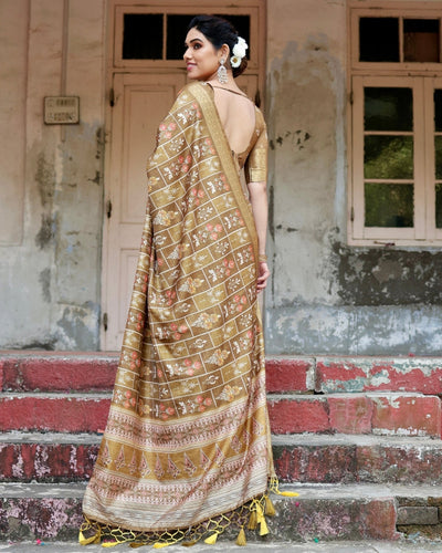 Pure Silk Digitally Printed Saree Weaved With Golden Zari Comes With Tassels - Almaari Fashion