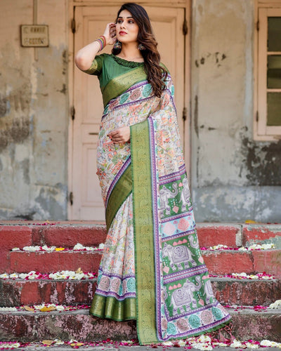 Pure Silk Digitally Printed Saree Weaved With Golden Zari Comes With Tassels - Almaari Fashion