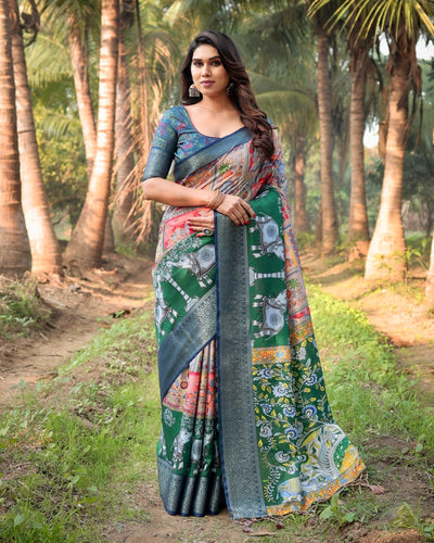 Pure Silk Digitally Printed Saree Weaved With Golden Zari Comes With Tassels - Almaari Fashion