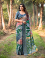 Multicolored Digital Print Banarasi Silk Saree with Intricate Zari Border and Elephant Motif Pallu