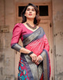 Crimson Red Tussar Silk Saree with Bandhani Patterns, Zari Border, and Vibrant Artistic Pallu