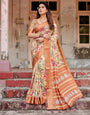 Golden Beige Tussar Silk Saree with Floral Paradise Print and Ornate Zari Border