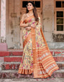 Pure Silk Digitally Printed Saree Weaved With Golden Zari Comes With Tassels