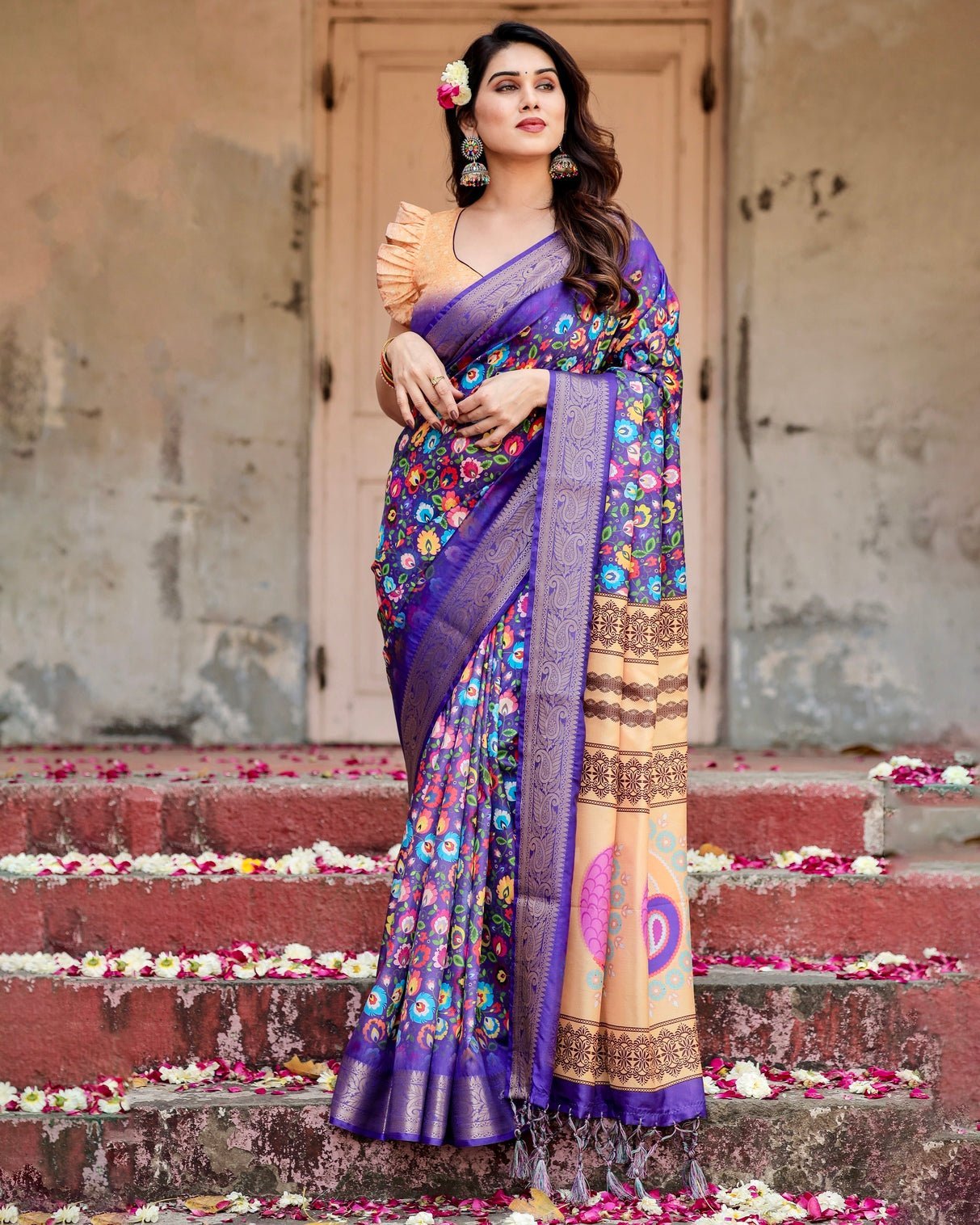 Pure Silk Digitally Printed Saree Weaved With Golden Zari Comes With Tassels - Almaari Fashion