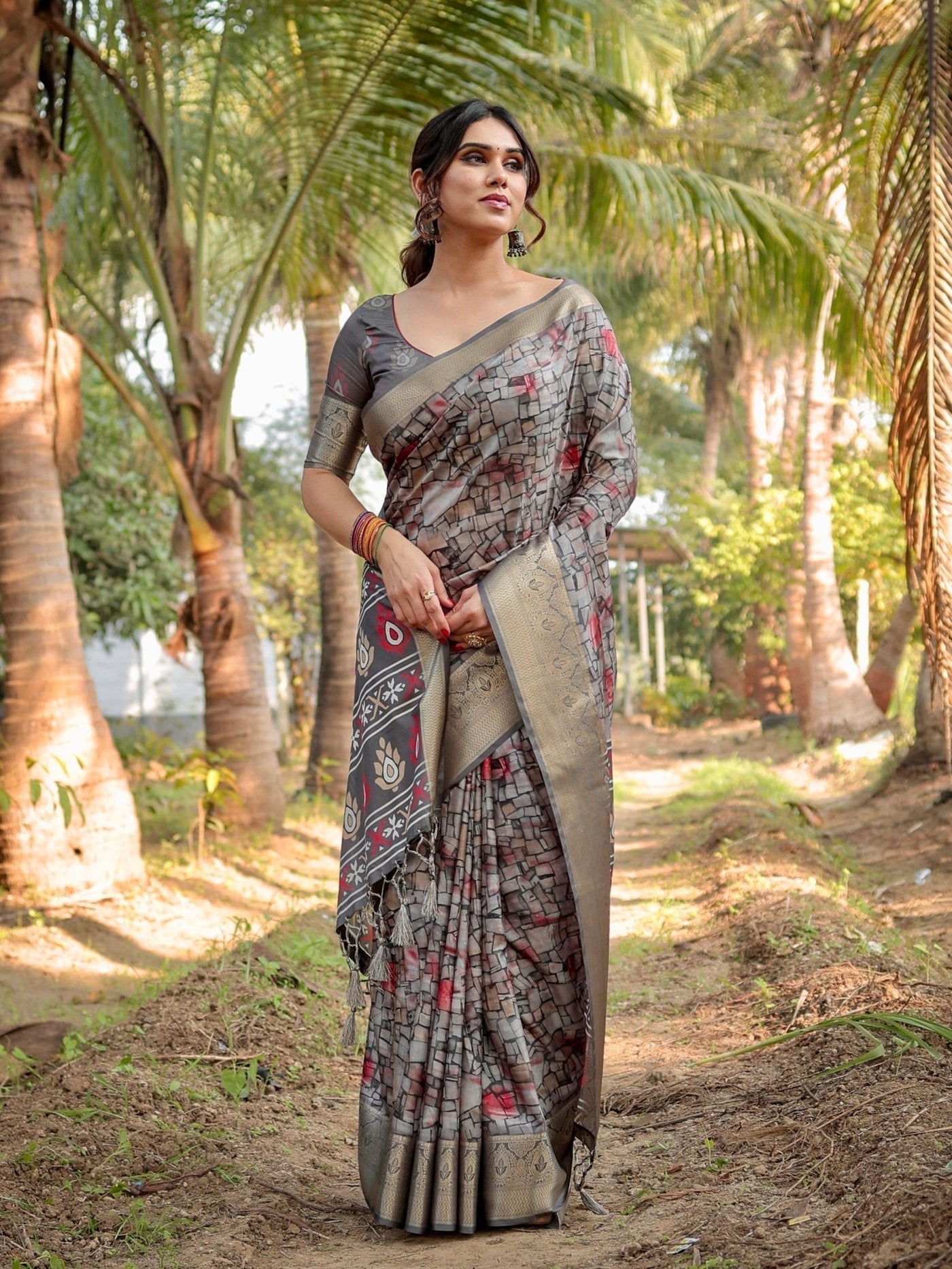 Pure Silk Digitally Printed Saree Weaved With Golden Zari Comes With Tassels - Almaari Fashion