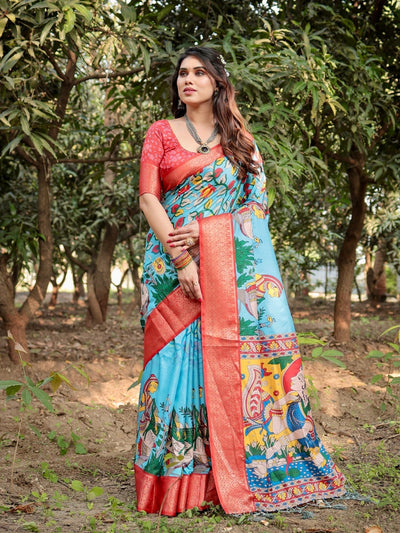 Pure Silk Digitally Printed Saree Weaved With Golden Zari Comes With Tassels - Almaari Fashion