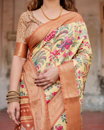 Pure Silk Digitally Printed Saree Weaved With Golden Zari Comes With Tassels - Almaari Fashion