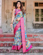 Vibrant Multicolor Digital Printed Tussar Silk Saree with Pink Zari Border