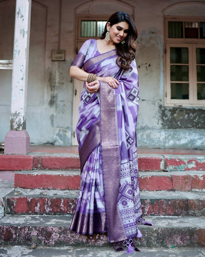 Pure Silk Digitally Printed Saree Weaved With Golden Zari Comes With Tassels - Almaari Fashion