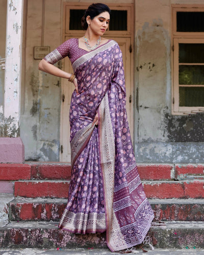 Pure Silk Digitally Printed Saree Weaved With Golden Zari Comes With Tassels - Almaari Fashion