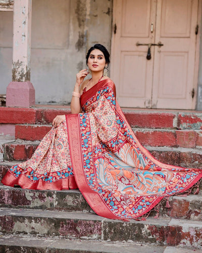 Pure Silk Digitally Printed Saree Weaved With Golden Zari Comes With Tassels - Almaari Fashion