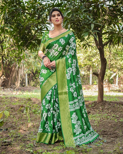 Pure Silk Digitally Printed Saree Weaved With Golden Zari Comes With Tassels - Almaari Fashion