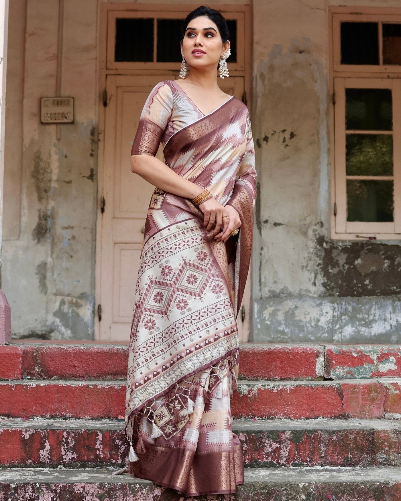 Pure Silk Digitally Printed Saree Weaved With Golden Zari Comes With Tassels - Almaari Fashion