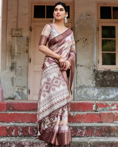 Pure Silk Digitally Printed Saree Weaved With Golden Zari Comes With Tassels - Almaari Fashion