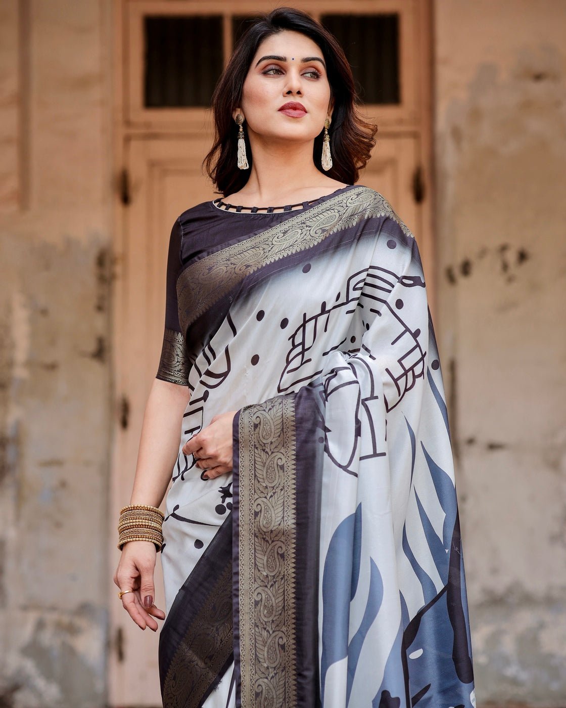 Pure Silk Digitally Printed Saree Weaved With Golden Zari Comes With Tassels - Almaari Fashion