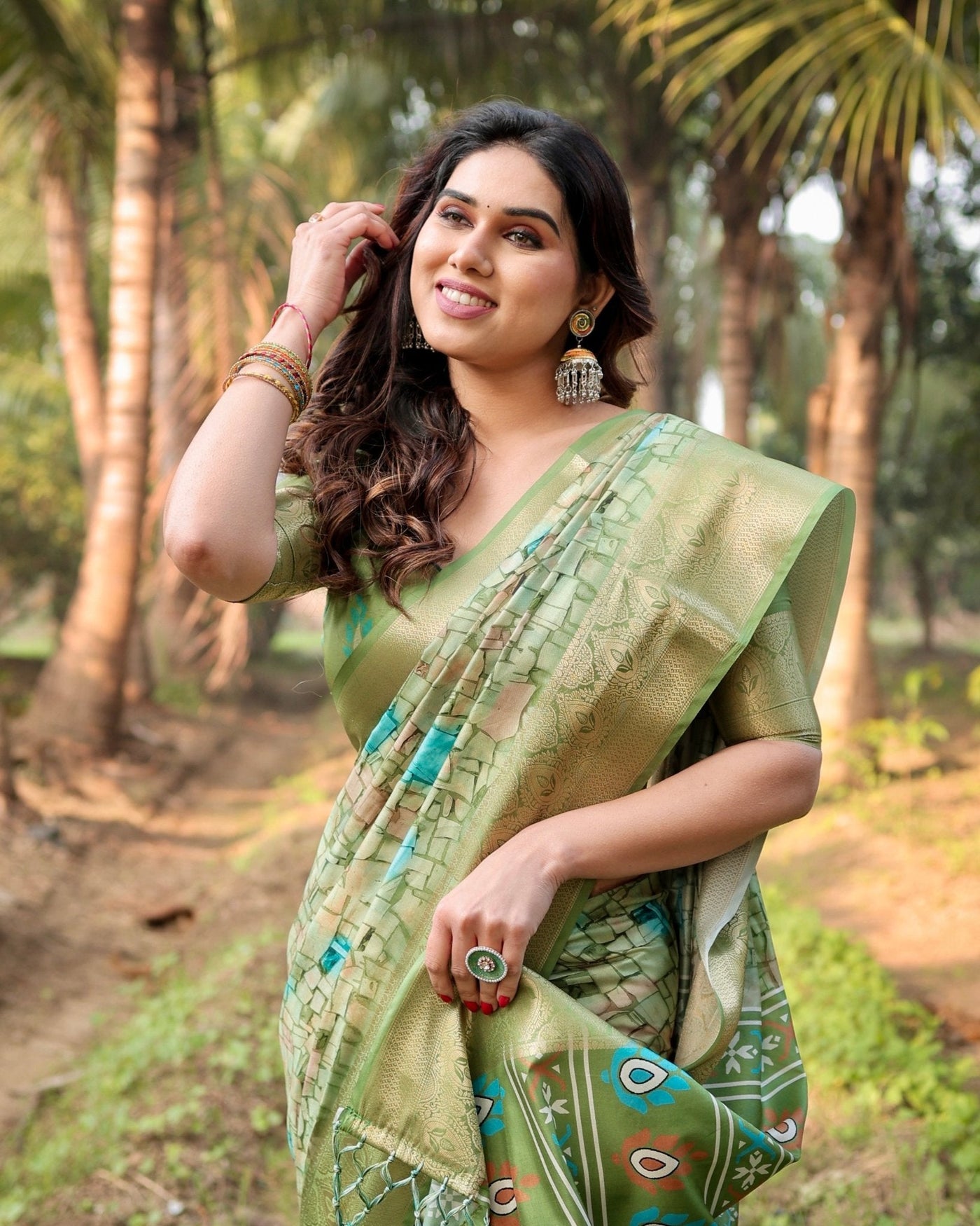 Pure Silk Digitally Printed Saree Weaved With Golden Zari Comes With Tassels - Almaari Fashion