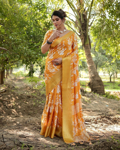 Pure Silk Digitally Printed Saree Weaved With Golden Zari Comes With Tassels - Almaari Fashion