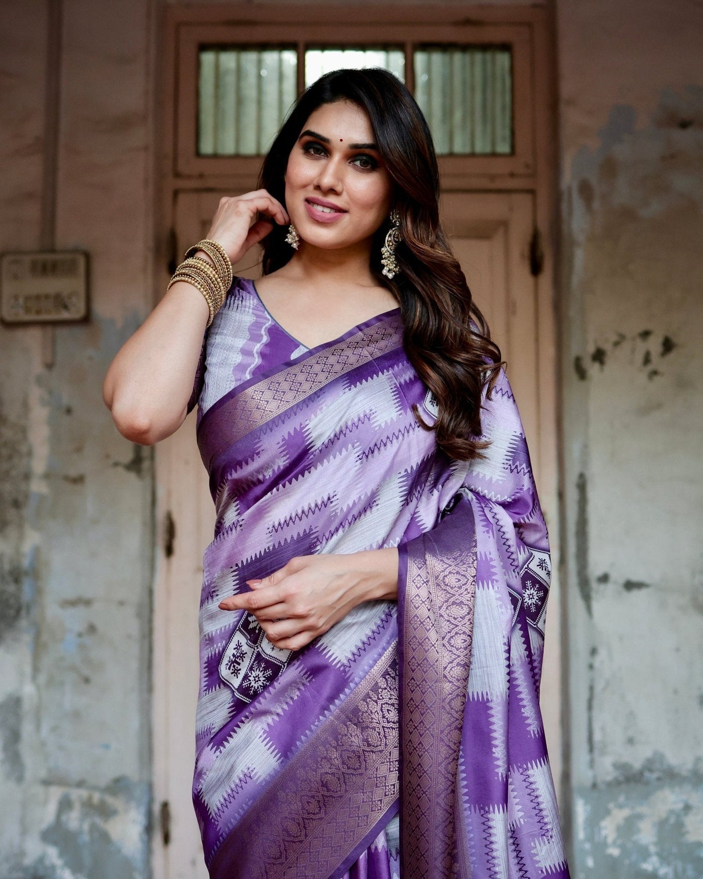 Pure Silk Digitally Printed Saree Weaved With Golden Zari Comes With Tassels - Almaari Fashion