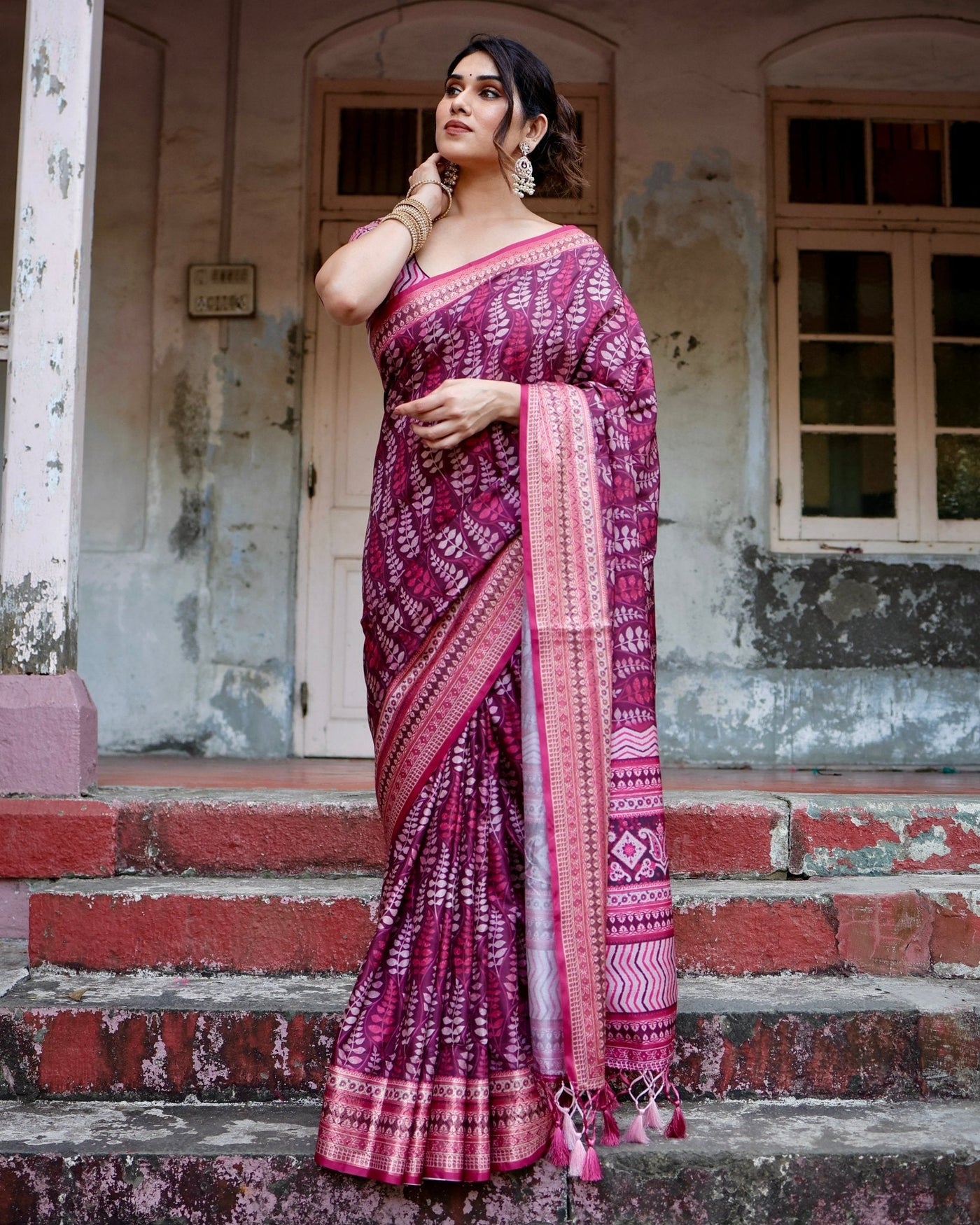 Pure Silk Digitally Printed Saree Weaved With Golden Zari Comes With Tassels - Almaari Fashion