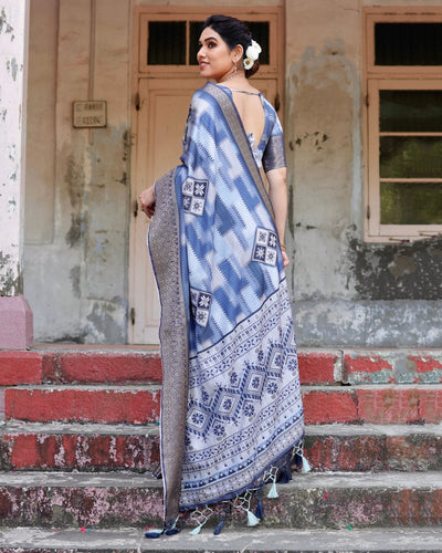 Pure Silk Digitally Printed Saree Weaved With Golden Zari Comes With Tassels - Almaari Fashion