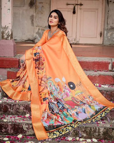 Pure Silk Digitally Printed Saree Weaved With Golden Zari Comes With Tassels - Almaari Fashion