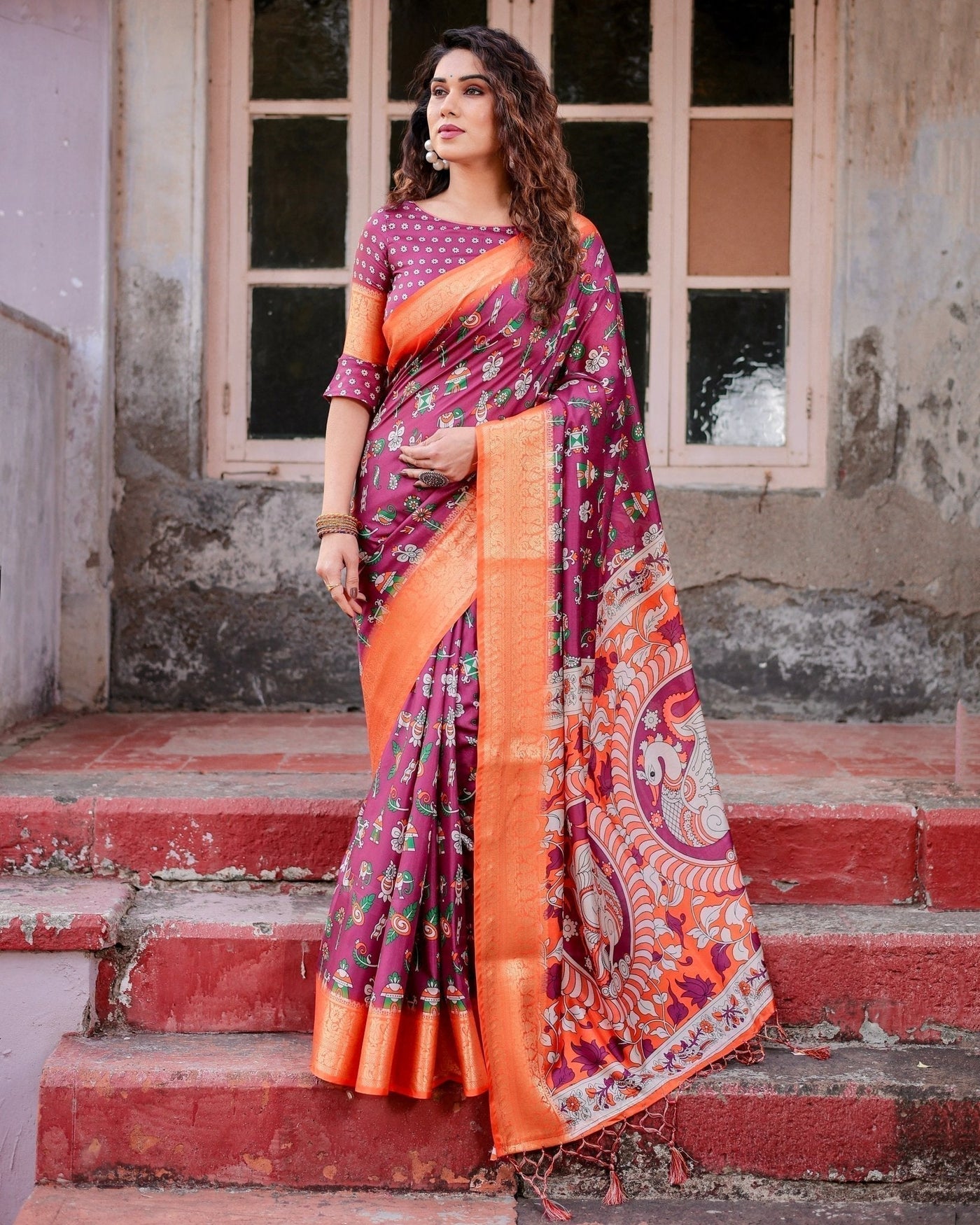 Pure Silk Digitally Printed Saree Weaved With Golden Zari Comes With Tassels - Almaari Fashion