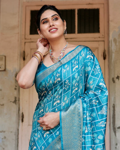 Pure Silk Digitally Printed Saree Weaved With Golden Zari Comes With Tassels - Almaari Fashion