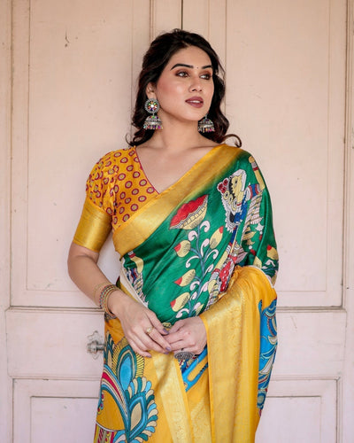 Pure Silk Digitally Printed Saree Weaved With Golden Zari Comes With Tassels - Almaari Fashion