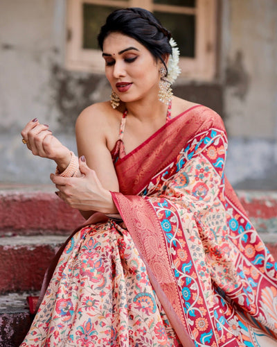 Pure Silk Digitally Printed Saree Weaved With Golden Zari Comes With Tassels - Almaari Fashion