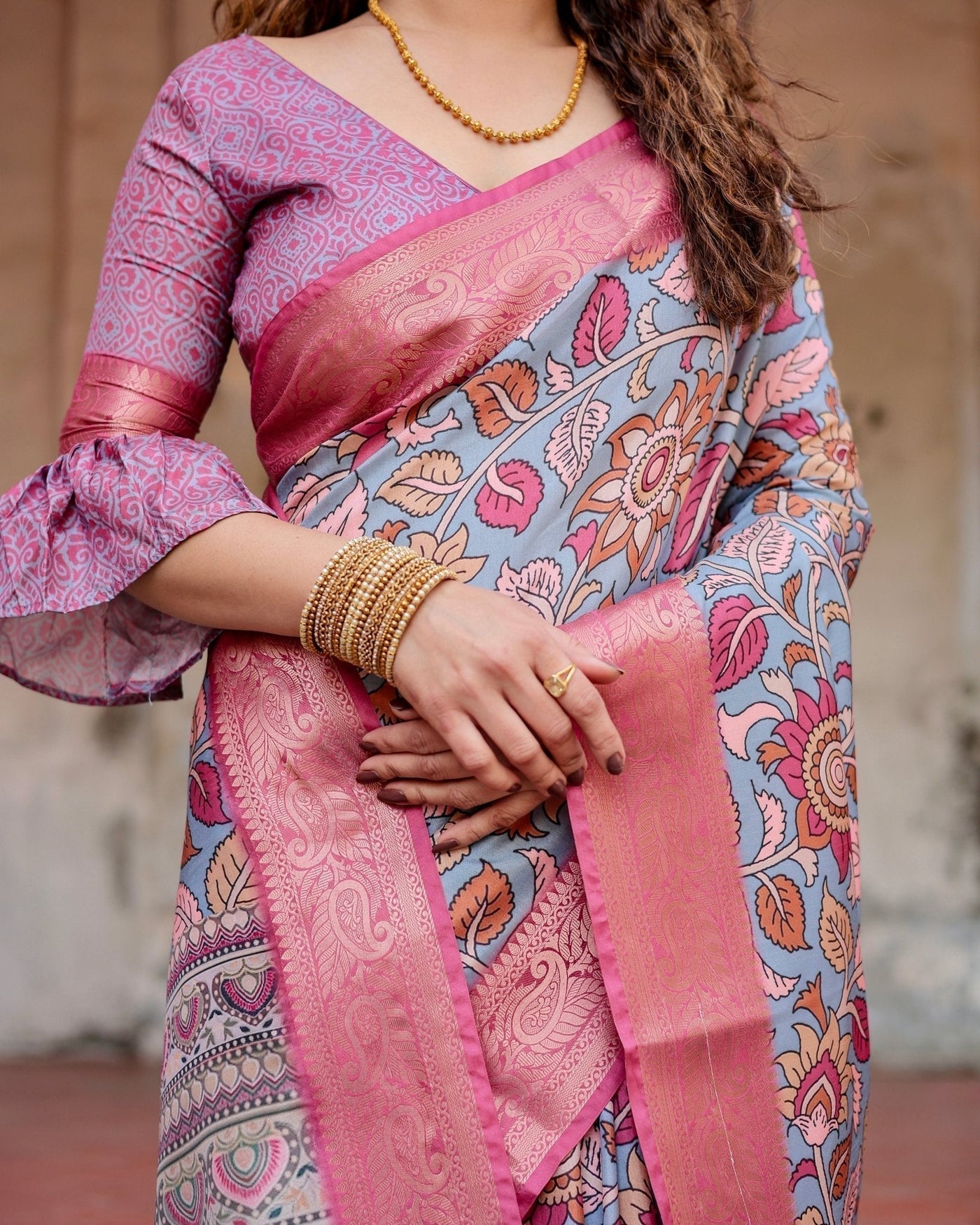 Pure Silk Digitally Printed Saree Weaved With Golden Zari Comes With Tassels - Almaari Fashion