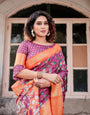 Wine Purple and Orange Tussar Silk Saree with Floral Motifs and Artistic Pallu