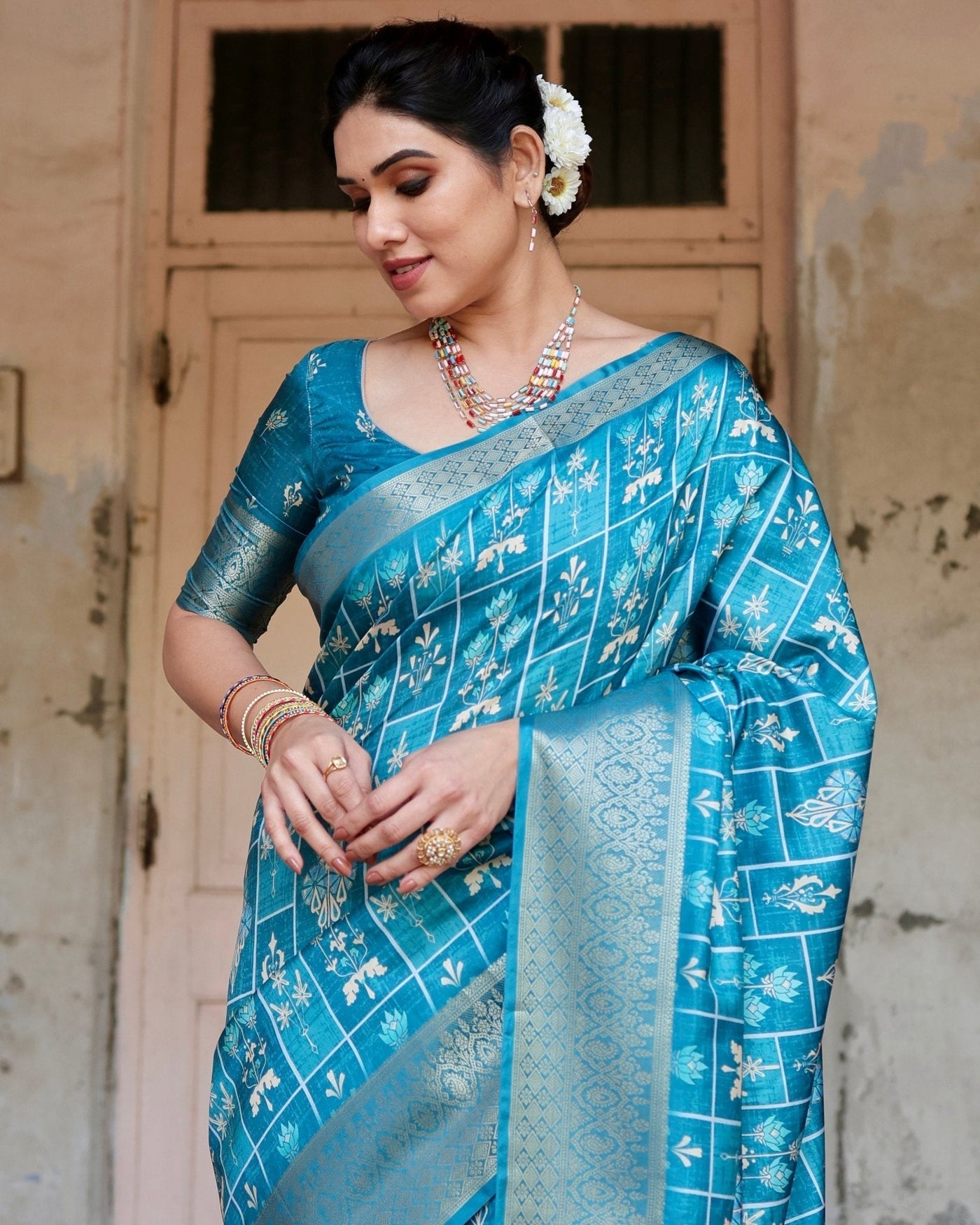 Pure Silk Digitally Printed Saree Weaved With Golden Zari Comes With Tassels - Almaari Fashion