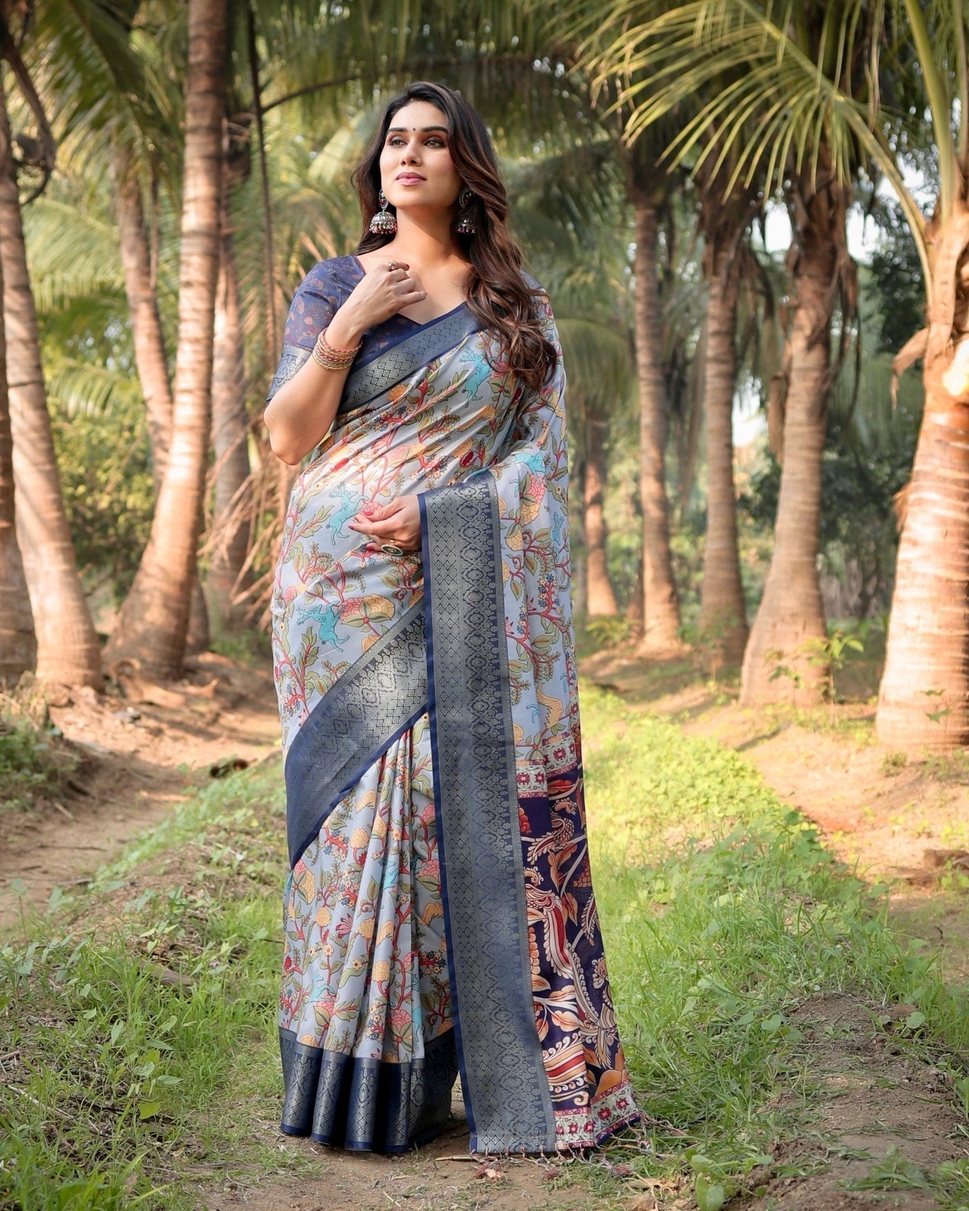 Pure Silk Digitally Printed Saree Weaved With Golden Zari Comes With Tassels - Almaari Fashion