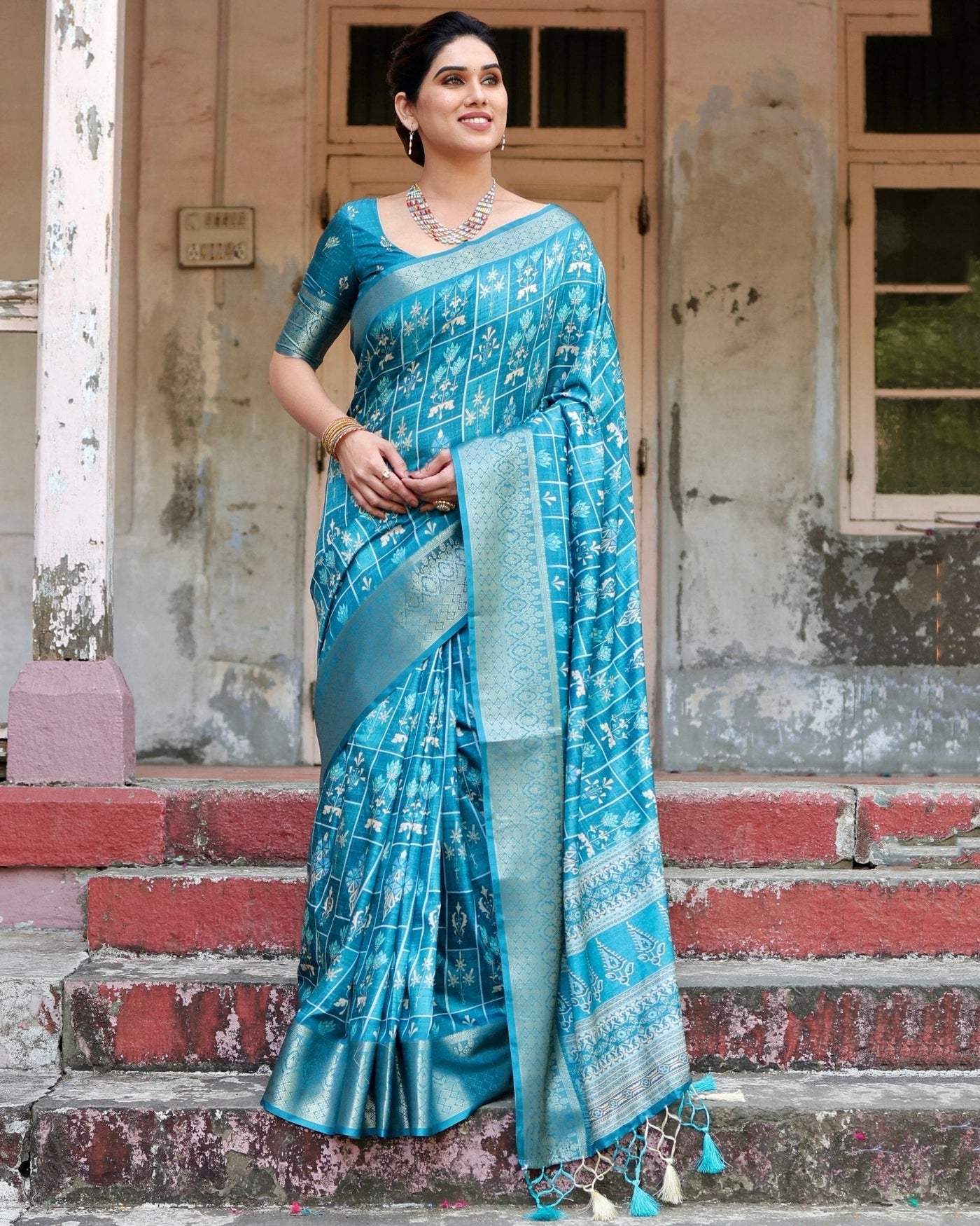 Pure Silk Digitally Printed Saree Weaved With Golden Zari Comes With Tassels - Almaari Fashion