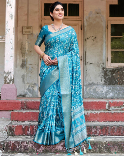 Pure Silk Digitally Printed Saree Weaved With Golden Zari Comes With Tassels - Almaari Fashion