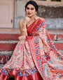 Beige and Coral Tussar Silk Saree with Intricate Floral Prints and Artistic Pallu