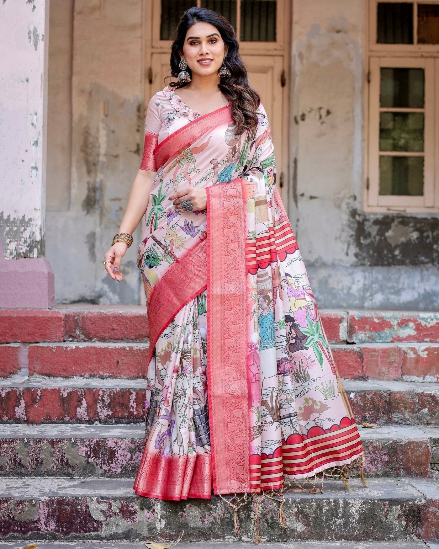 Pure Silk Digitally Printed Saree Weaved With Golden Zari Comes With Tassels - Almaari Fashion