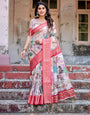 Pure Silk Digitally Printed Saree Weaved With Golden Zari Comes With Tassels