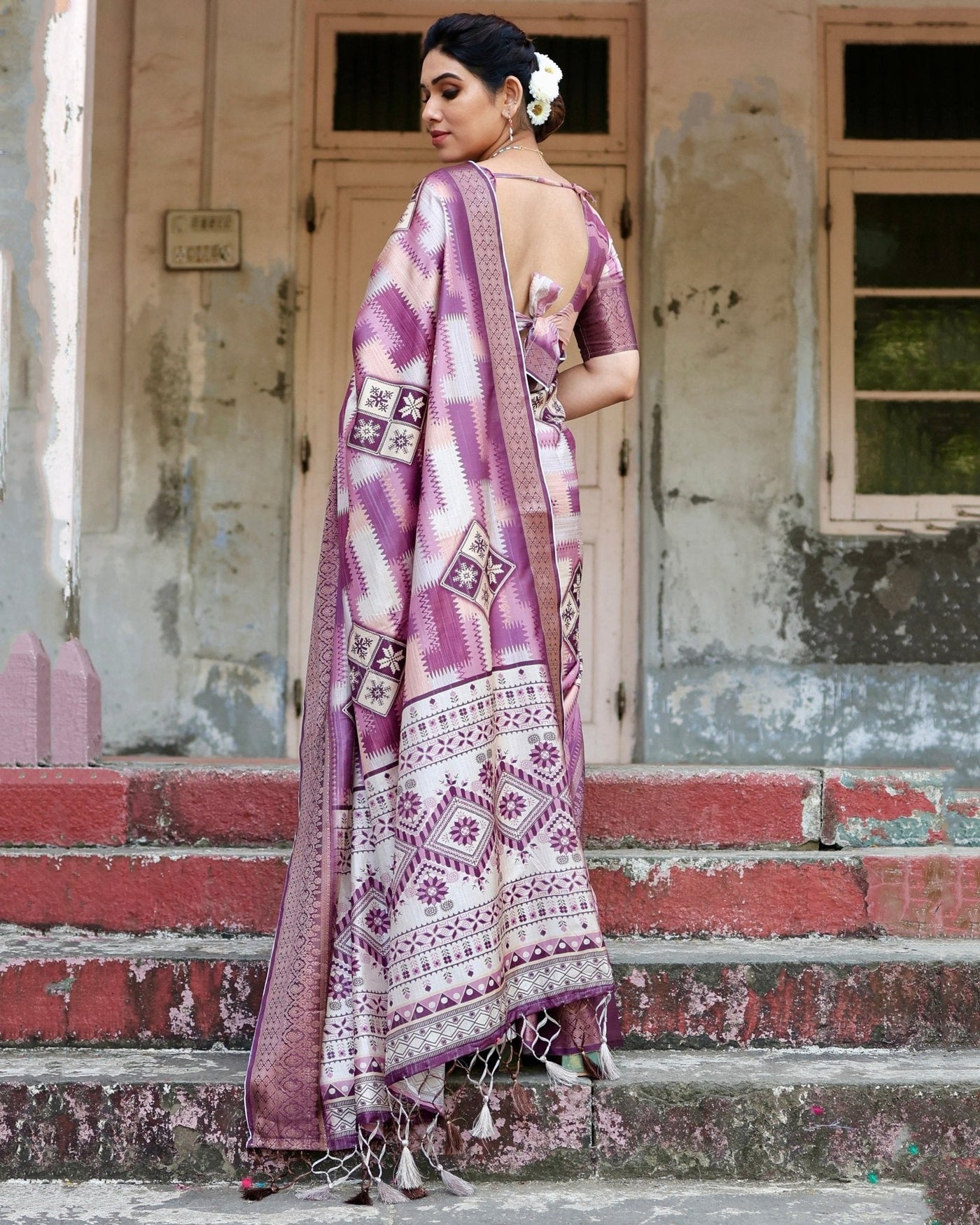 Pure Silk Digitally Printed Saree Weaved With Golden Zari Comes With Tassels - Almaari Fashion