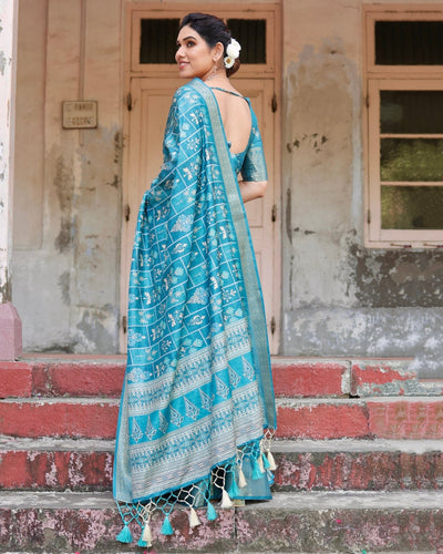 Pure Silk Digitally Printed Saree Weaved With Golden Zari Comes With Tassels - Almaari Fashion